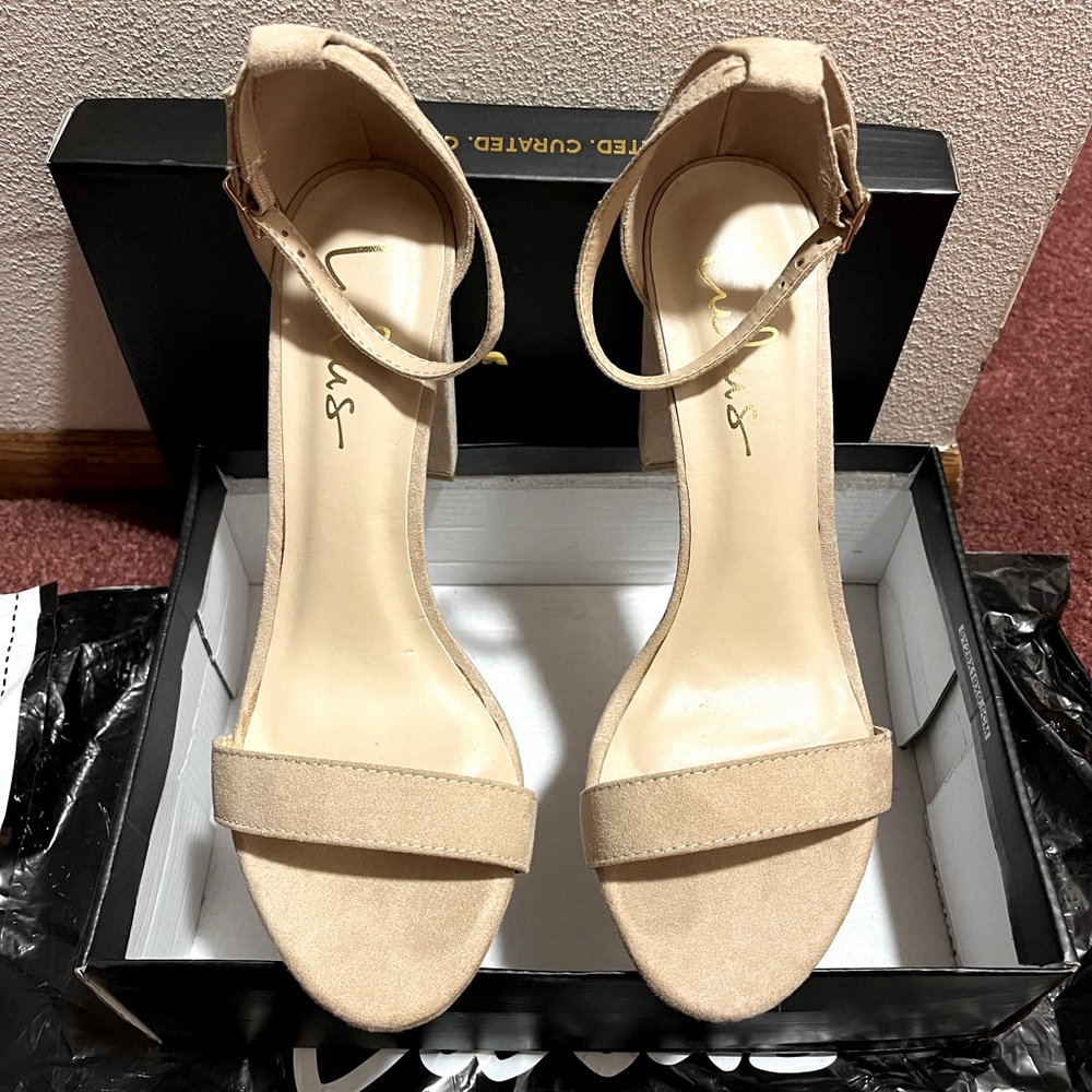 Lulu’s Taylor suede ankle heel, nude size 8.5